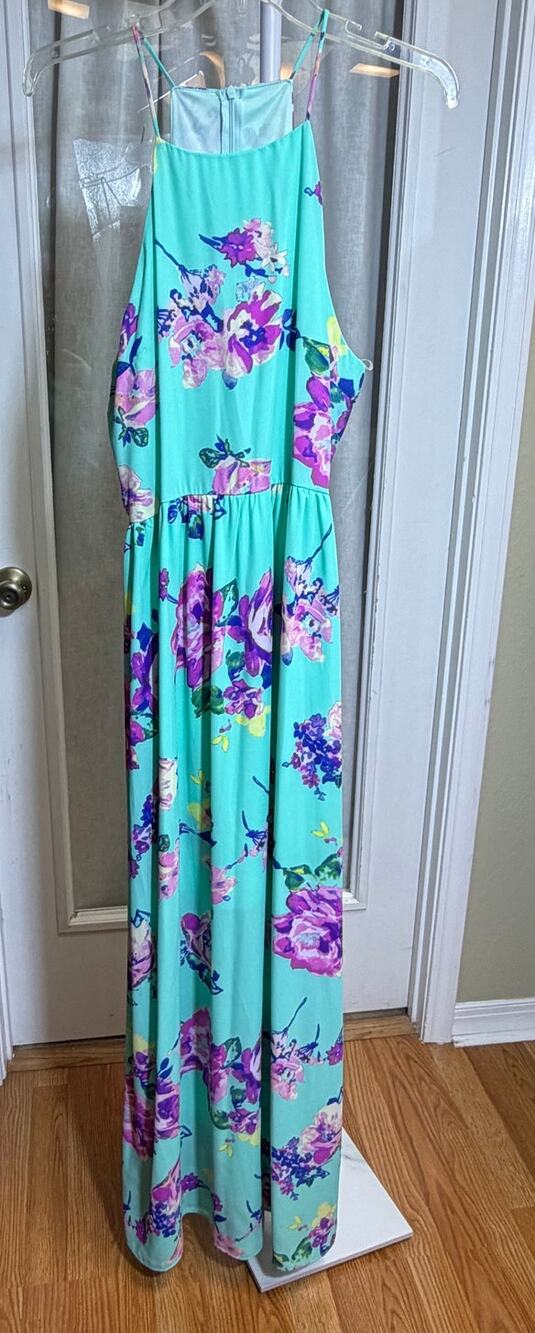 Everly Womens Large Green Floral Print Spaghetti Strap Maxi Dress Casual Boho